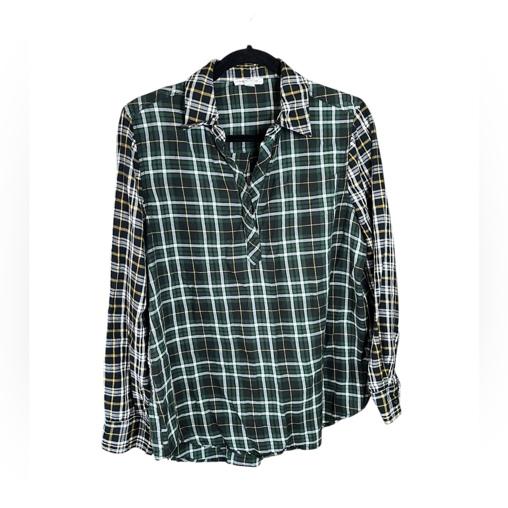 Beach Lunch Lounge Hunter Green Flannel Plaid Patchwork Popover Top Large